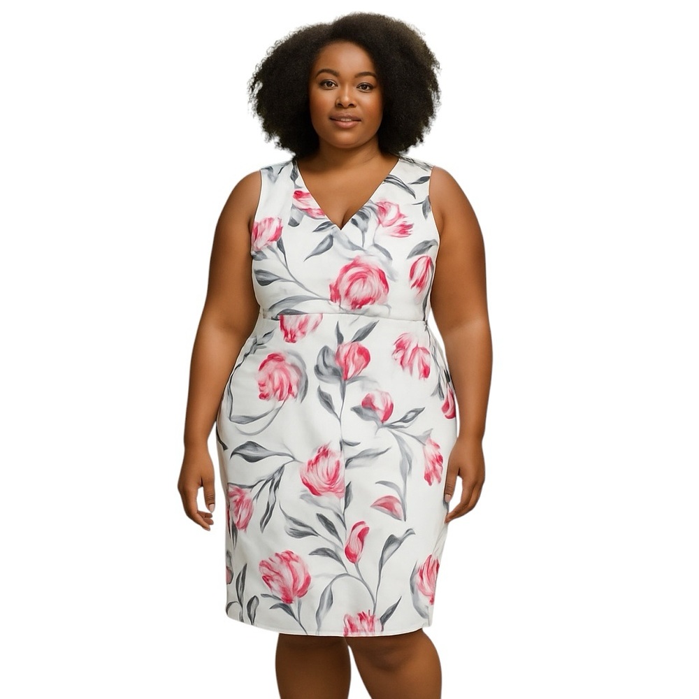 Joseph Ribkoff‎ Floral V-Neck Sheath Dress White Pink Belted Sleeveless 18